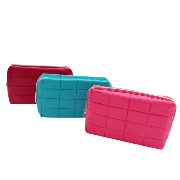 Sephora Quilted Fabric Makeup Bag Lined Zipper Green Hot Pink Burgundy Set of 3 - Picture 1 of 12